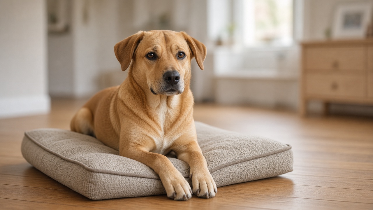 Calm dog settled on a cushion mat at home, ready for a daily job