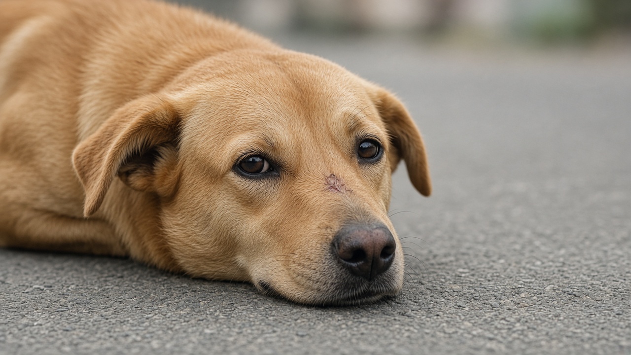Tan dog lying on pavement with a small scrape by the nose.
