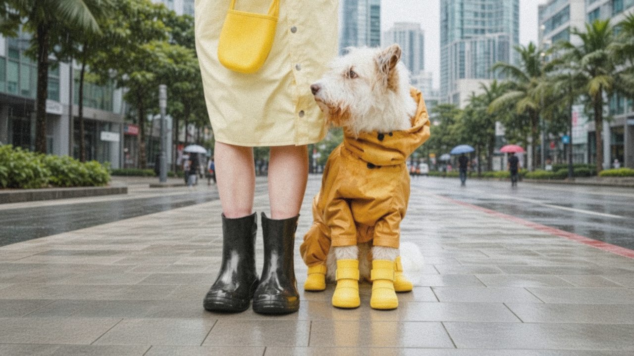Owner in black rain boots beside a white dog in a yellow raincoat and dog booties on a rainy BGC sidewalk.