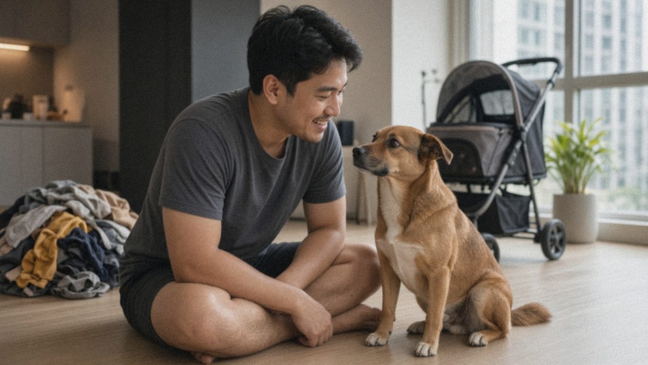 Owner sitting on the floor giving his dog his full attention, with clothes and a stroller ignored behind them.